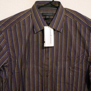 Jhane Barnes Shirt Mens XL New Long Sleeve Button Brown Blue White Striped